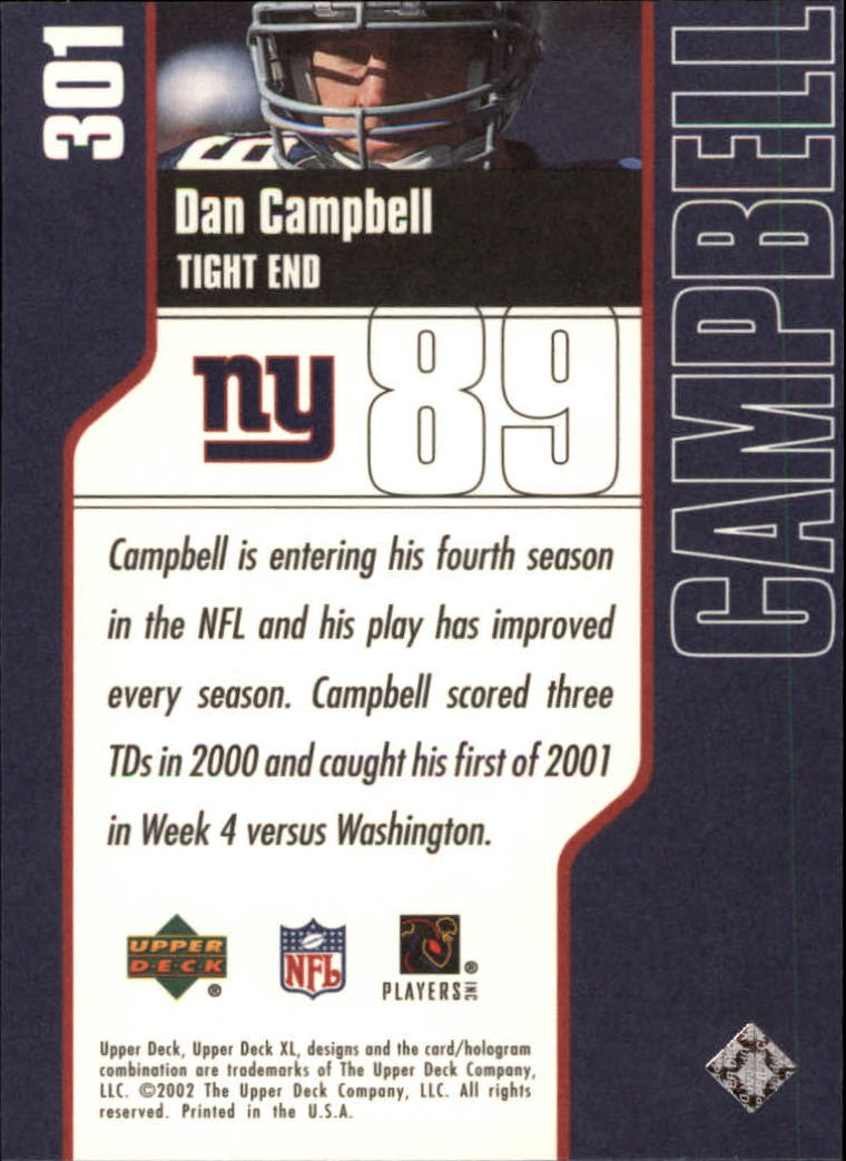 2002 Upper Deck XL #301 Dan Campbell back image