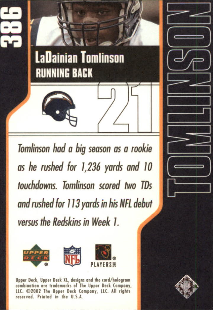 2002 Upper Deck XL #386 LaDainian Tomlinson back image