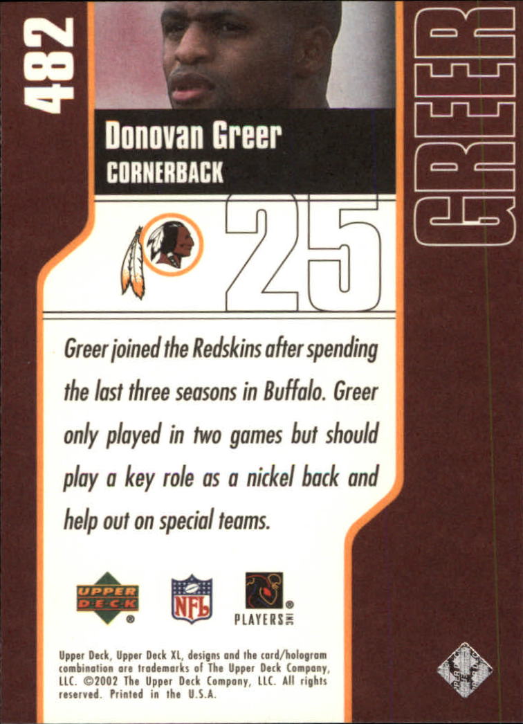 2002 Upper Deck XL #482 Donovan Greer RC back image