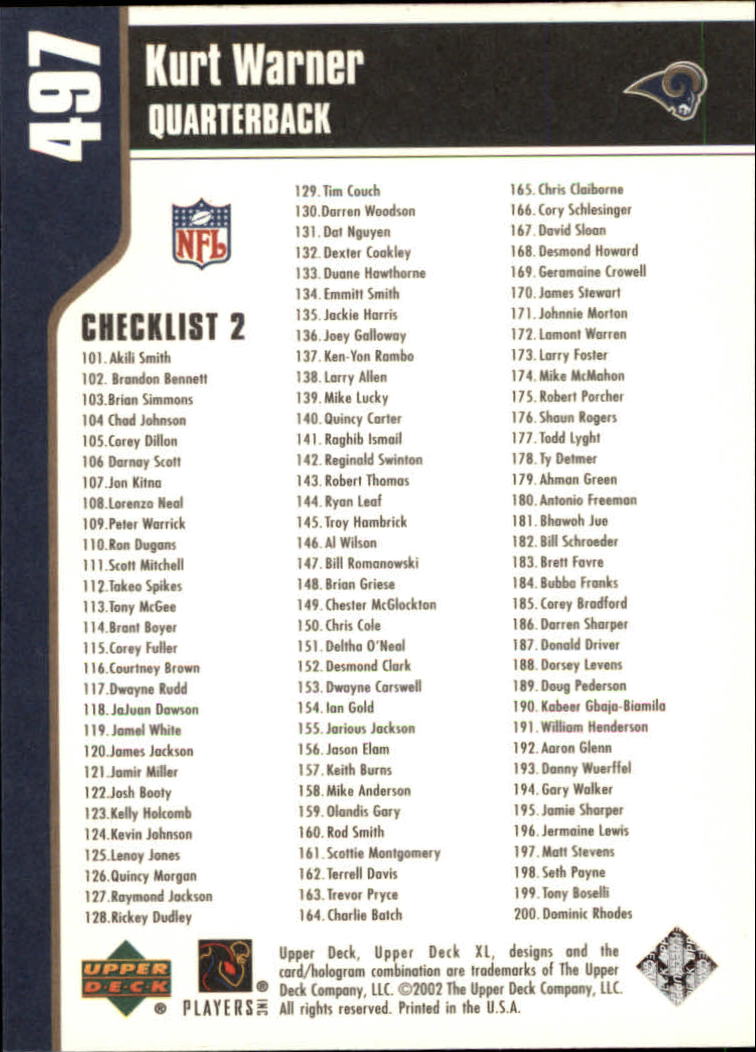 2002 XL (Upper Deck) Football "Main Set" Cards #301 to #596 - Picture 199 of 241