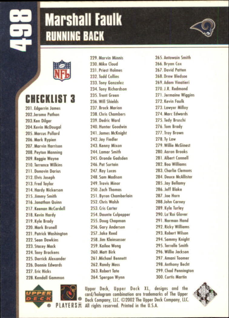 2002 XL (Upper Deck) Football "Main Set" Cards #301 to #596 - Picture 201 of 241