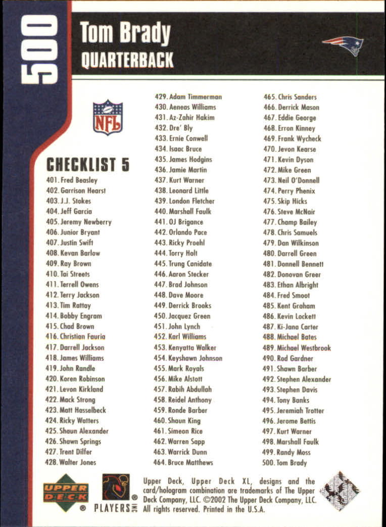2002 Upper Deck XL #500 Tom Brady back image