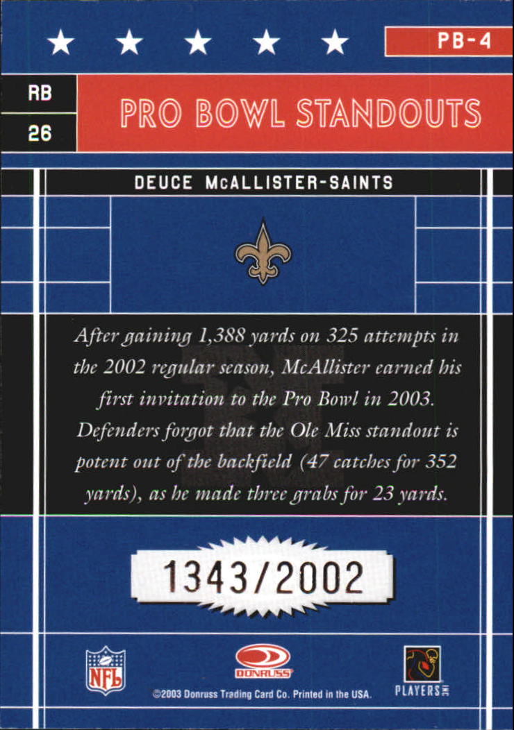 2003 Donruss Elite Pro Bowl Standouts #PB4 Deuce McAllister back image