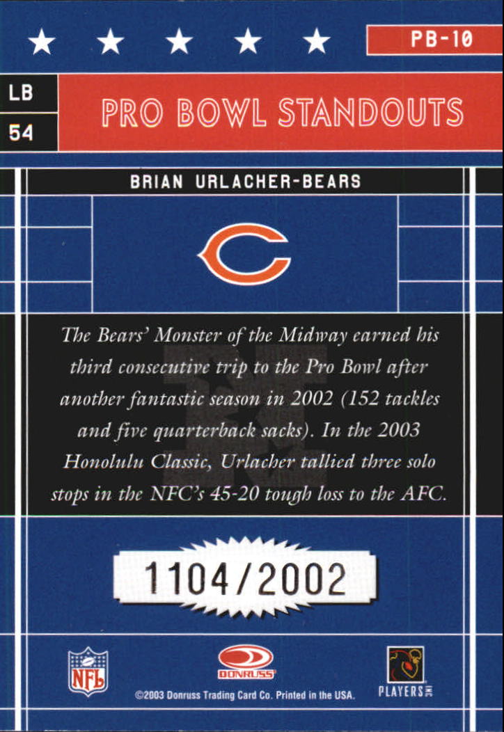 2003 Donruss Elite Pro Bowl Standouts #PB10 Brian Urlacher back image
