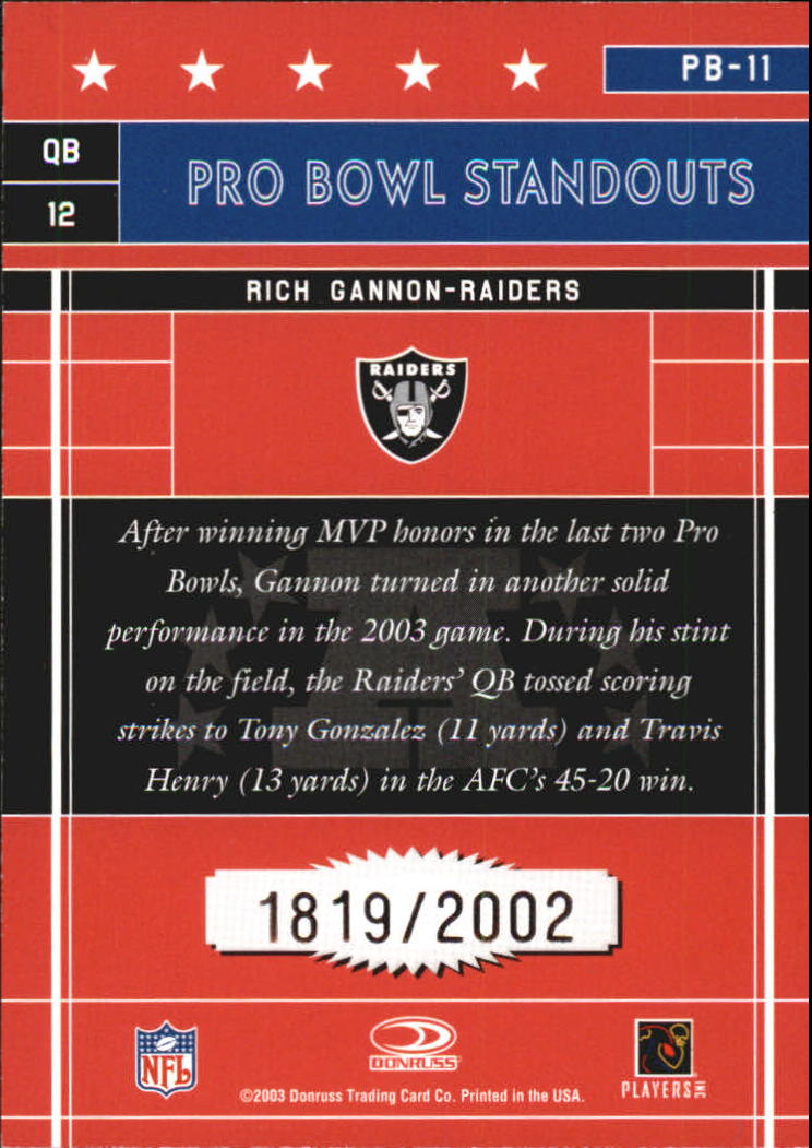 2003 Donruss Elite Pro Bowl Standouts #PB11 Rich Gannon back image
