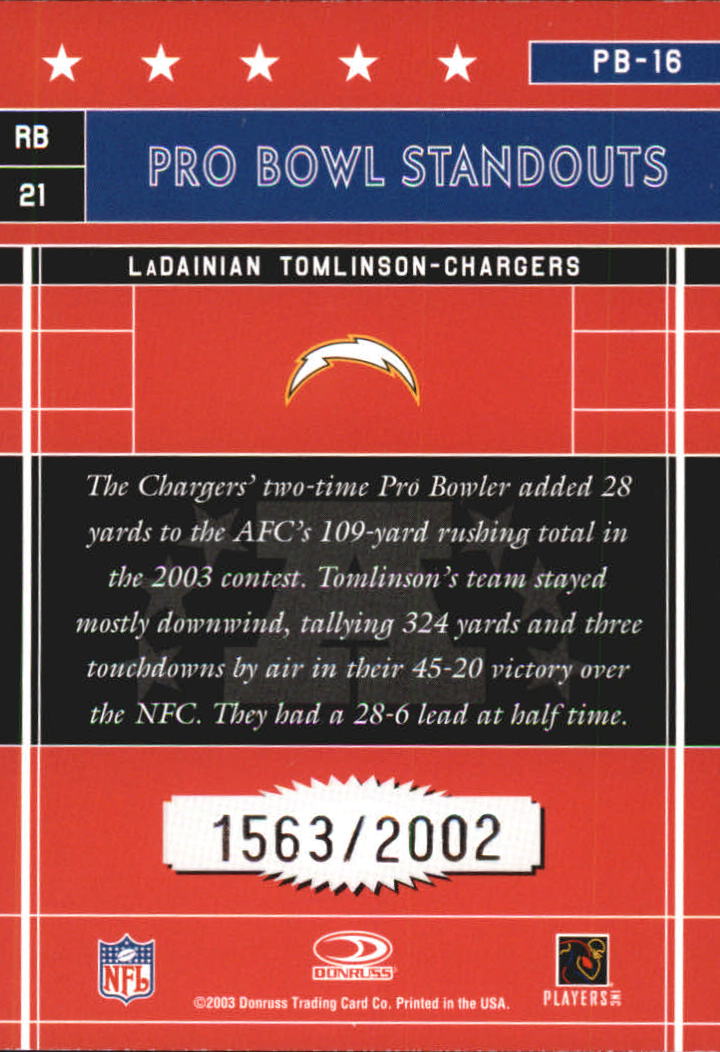 2003 Donruss Elite Pro Bowl Standouts #PB16 LaDainian Tomlinson back image