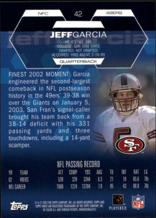2003 Finest #42 Jeff Garcia back image