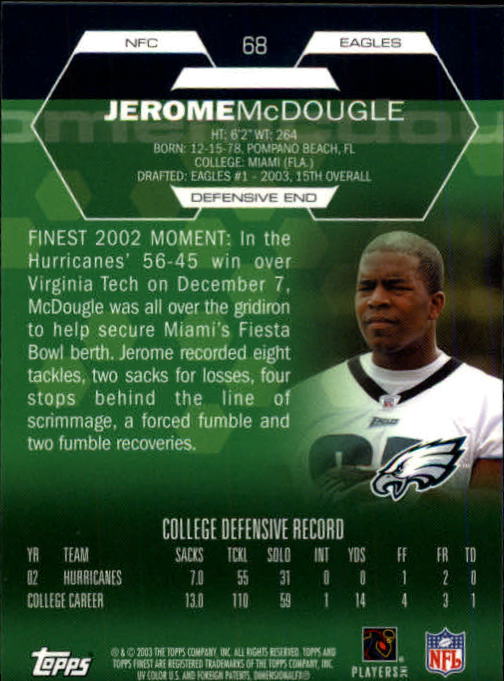2003 Finest #68 Jerome McDougle RC back image