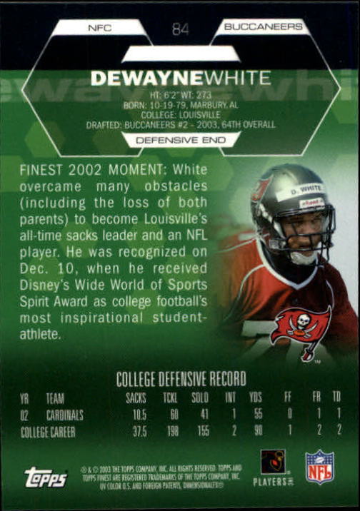 2003 Finest #84 DeWayne White RC back image