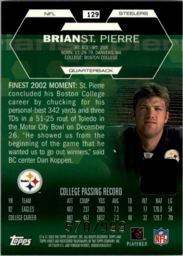 2003 Finest #129 Brian St.Pierre AU RC back image