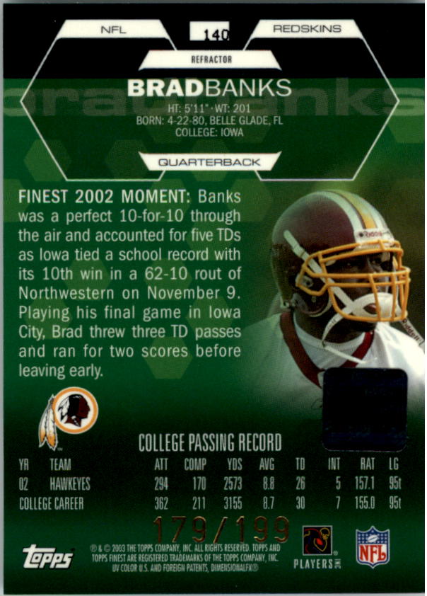 2003 Finest #140 Brad Banks AU RC back image