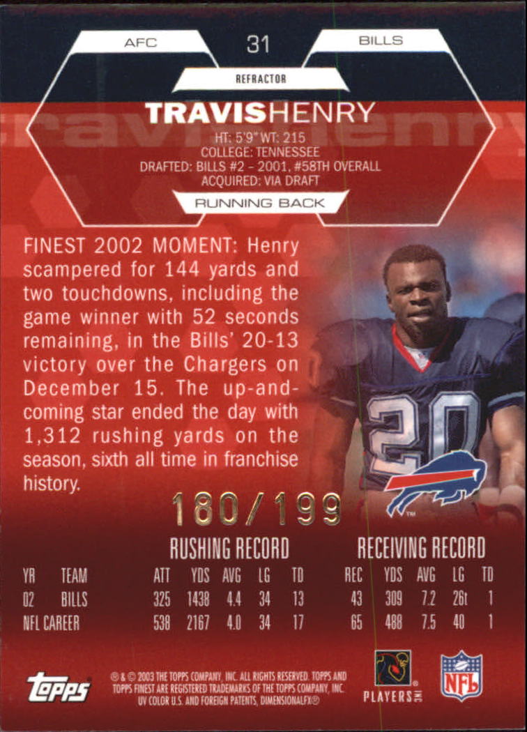 2003 Finest Refractors #31 Travis Henry back image