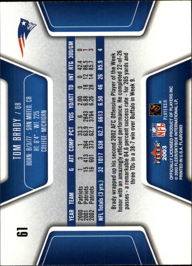 2003 Flair #61 Tom Brady back image