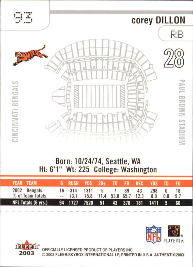 2003 Fleer Authentix #93 Corey Dillon back image