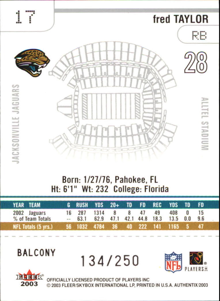 2003 Fleer Authentix Balcony #17 Fred Taylor back image