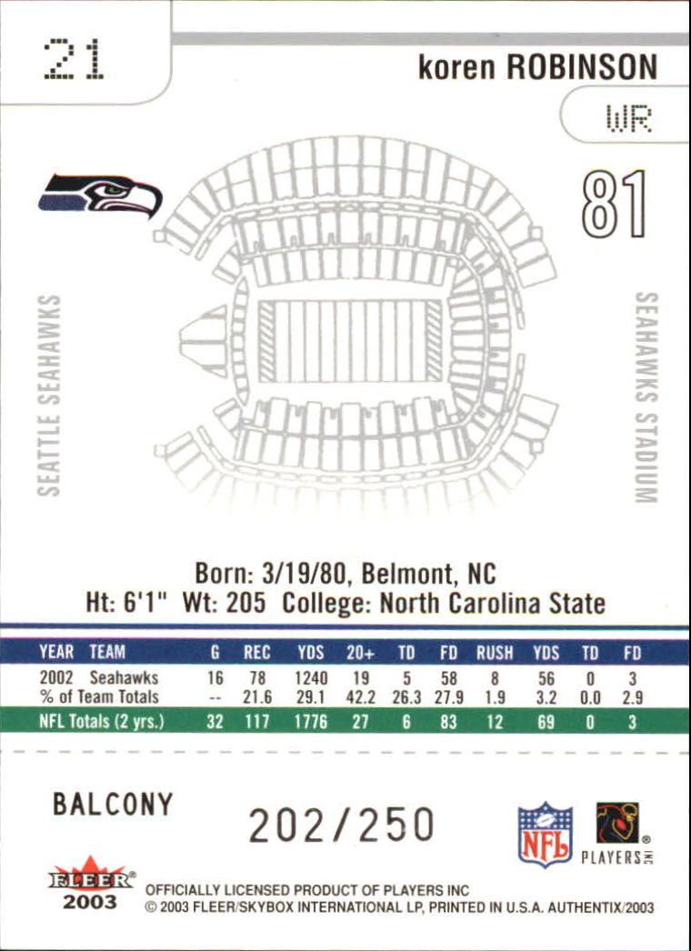 2003 Fleer Authentix Balcony #21 Koren Robinson back image