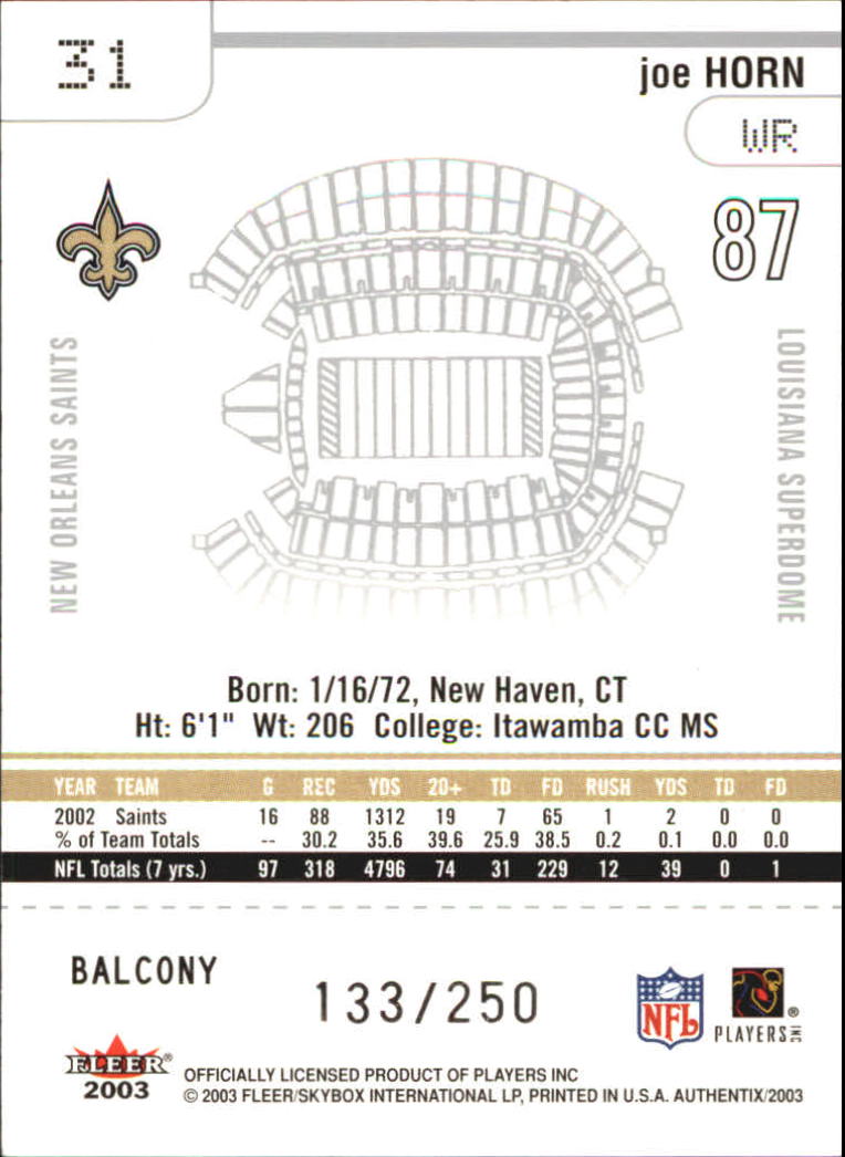 2003 Fleer Authentix Balcony #31 Joe Horn back image