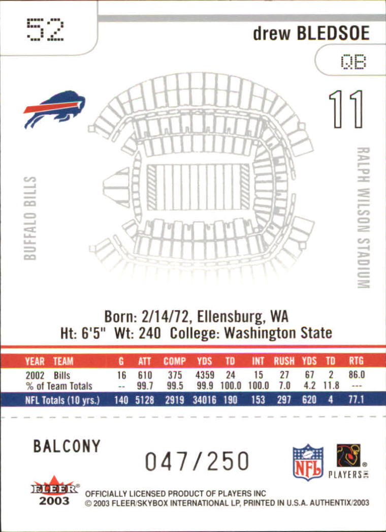 2003 Fleer Authentix Balcony #52 Drew Bledsoe back image