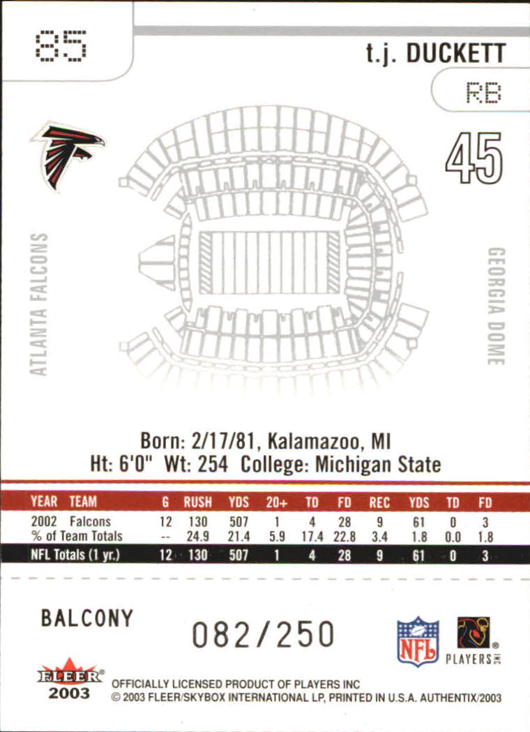 2003 Fleer Authentix Balcony #85 T.J. Duckett back image