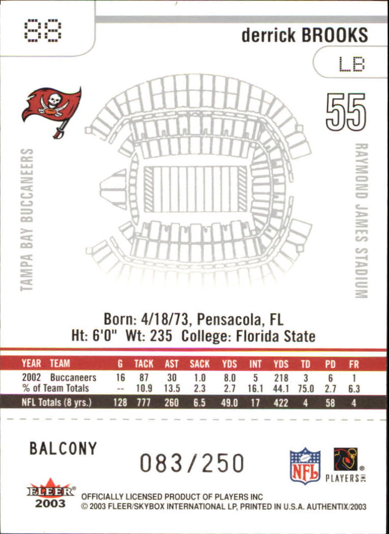 2003 Fleer Authentix Balcony #88 Derrick Brooks back image