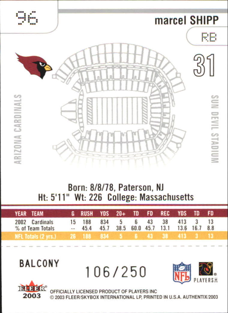 2003 Fleer Authentix Balcony #96 Marcel Shipp back image