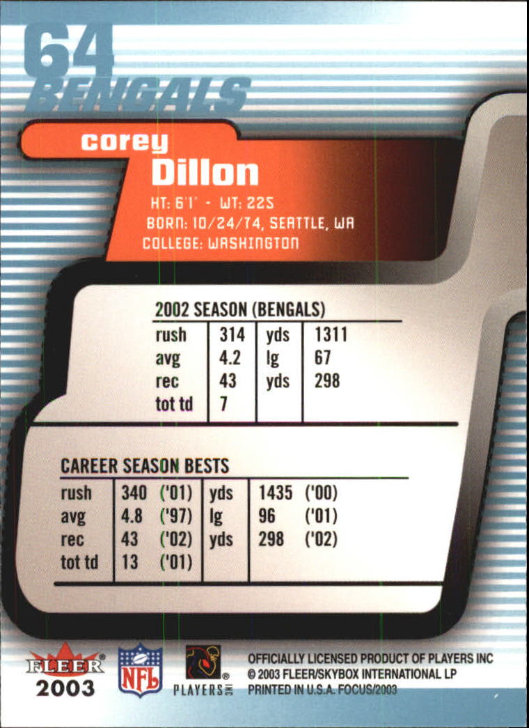 2003 Fleer Focus #64 Corey Dillon back image