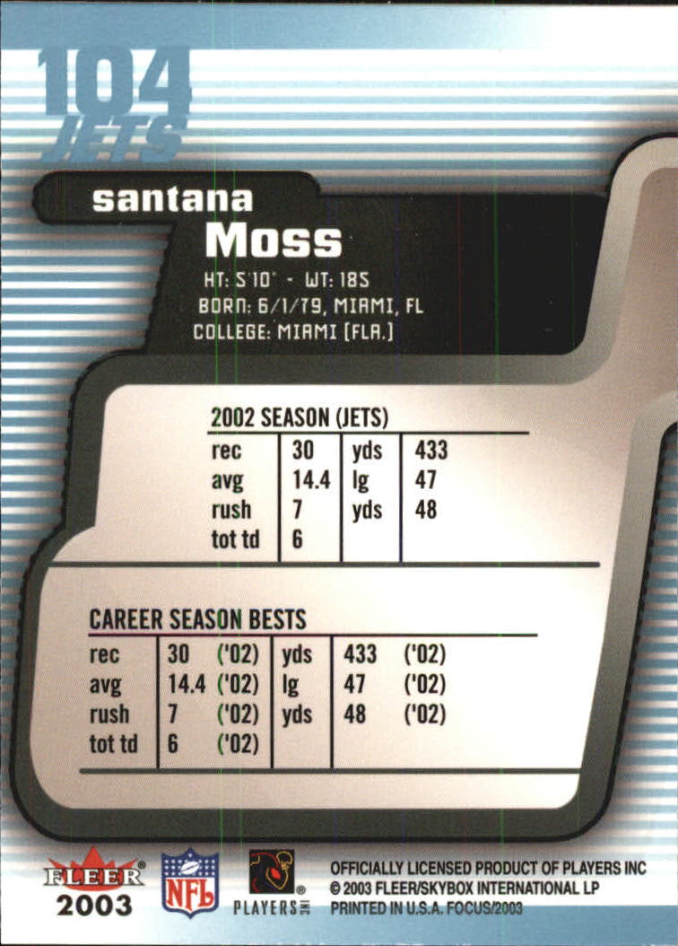 2003 Fleer Focus #104 Santana Moss back image