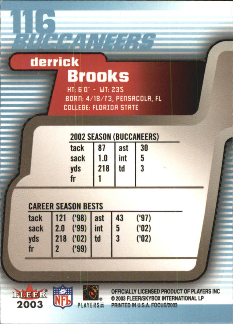 2003 Fleer Focus #116 Derrick Brooks back image