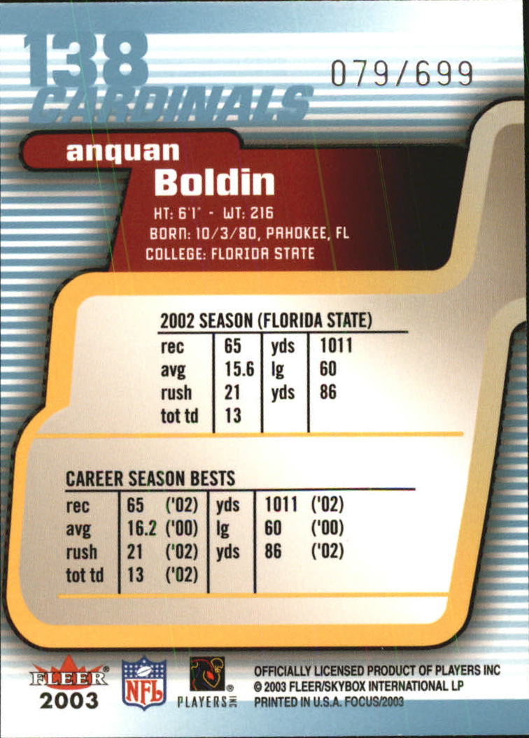 2003 Fleer Focus #138 Anquan Boldin RC back image