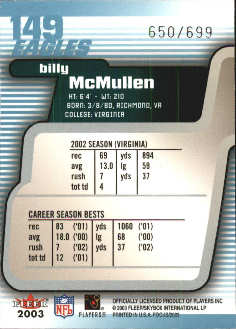 2003 Fleer Focus #149 Billy McMullen RC back image