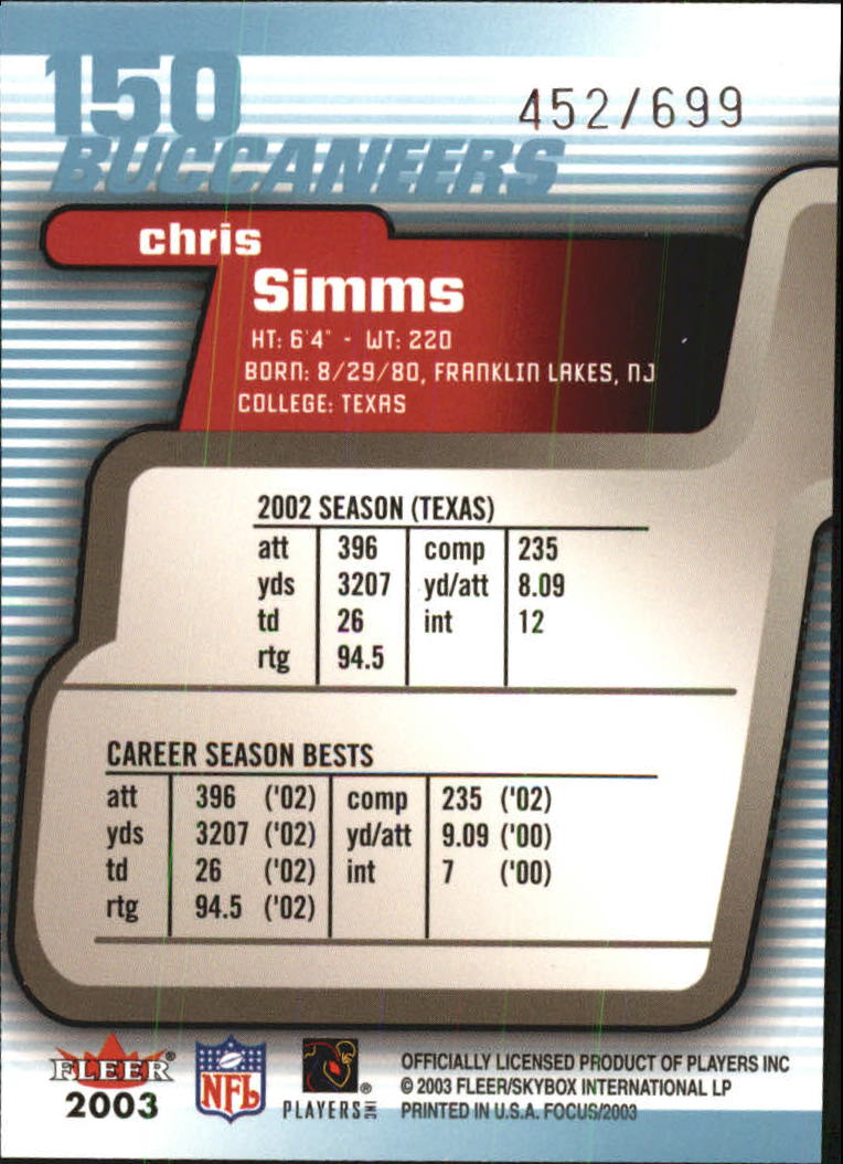 2003 Fleer Focus #150 Chris Simms RC back image