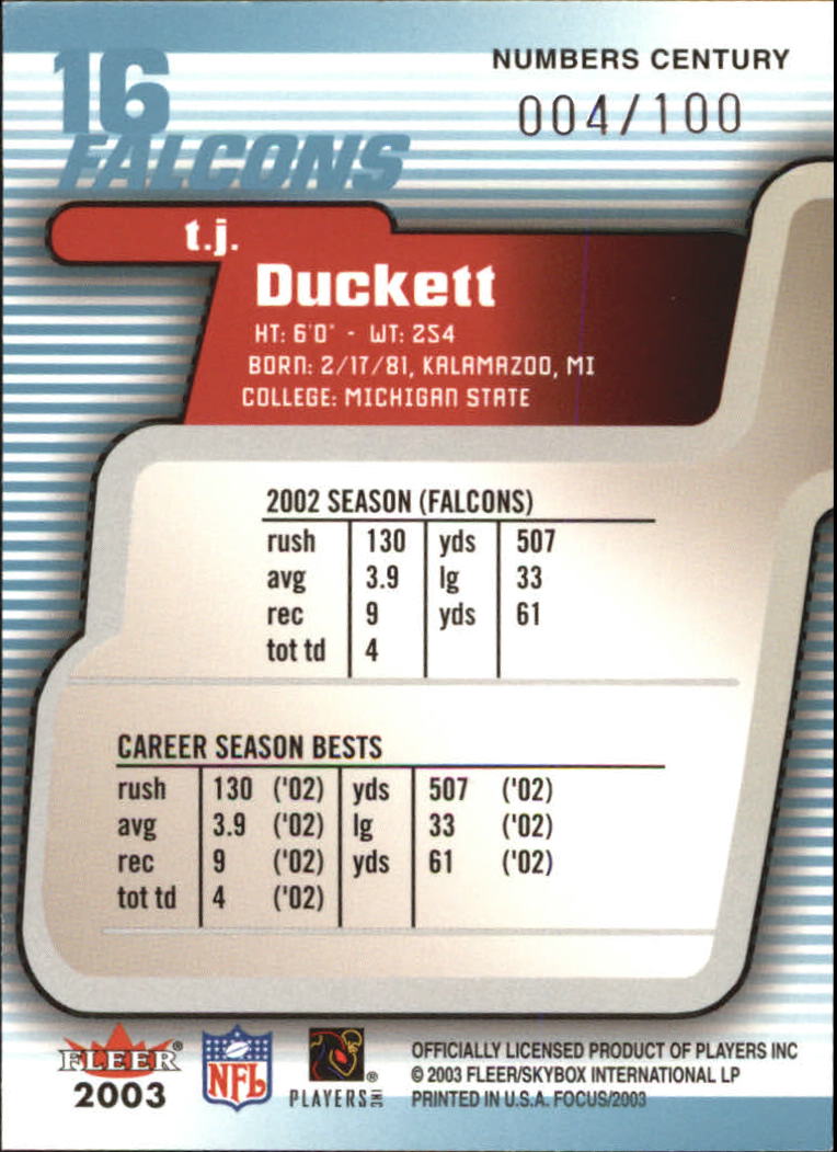 2003 Fleer Focus Numbers Century #16 T.J. Duckett back image