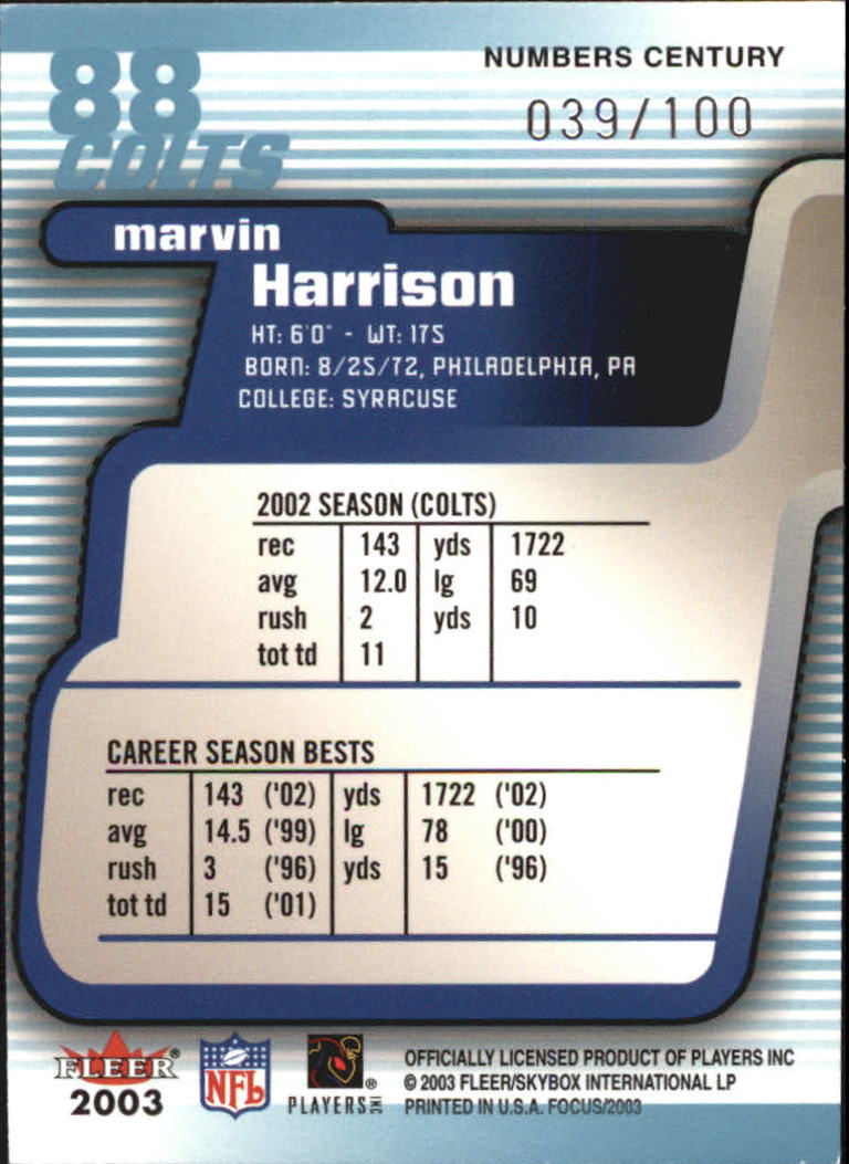 2003 Fleer Focus Numbers Century #88 Marvin Harrison back image