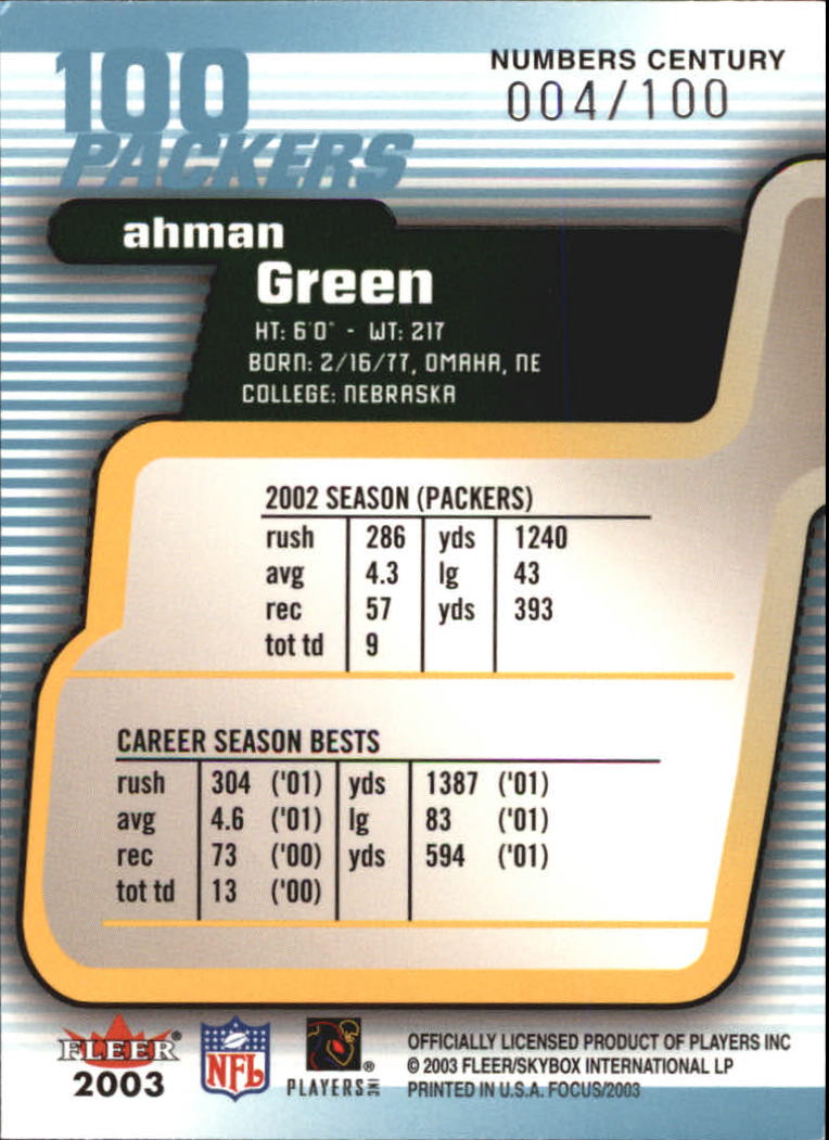 2003 Fleer Focus Numbers Century #100 Ahman Green back image
