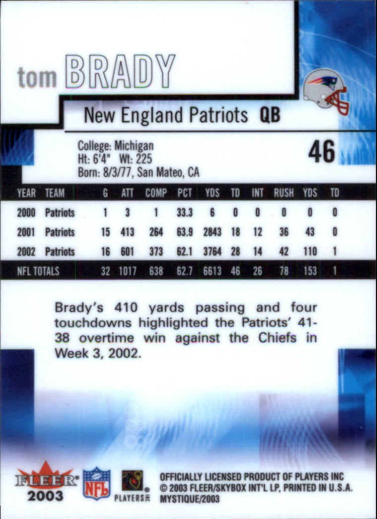 2003 Fleer Mystique #46 Tom Brady back image