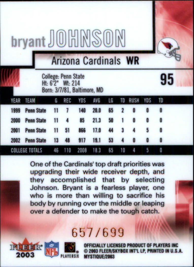 2003 Fleer Mystique #95 Bryant Johnson RC back image