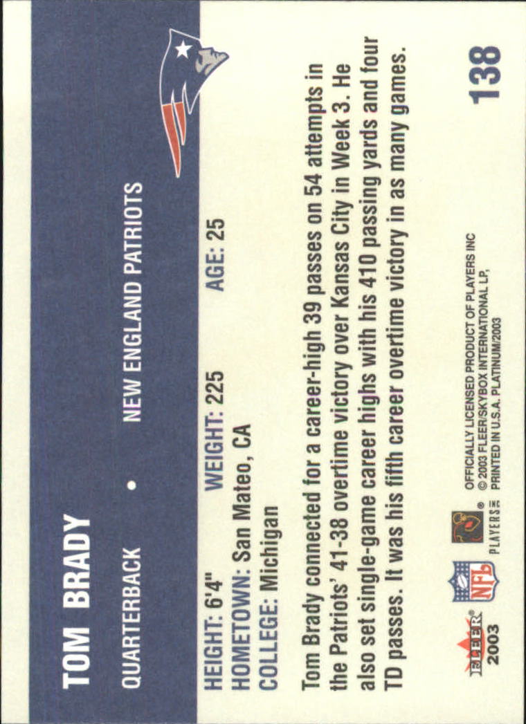 2003 Fleer Platinum #138 Tom Brady back image
