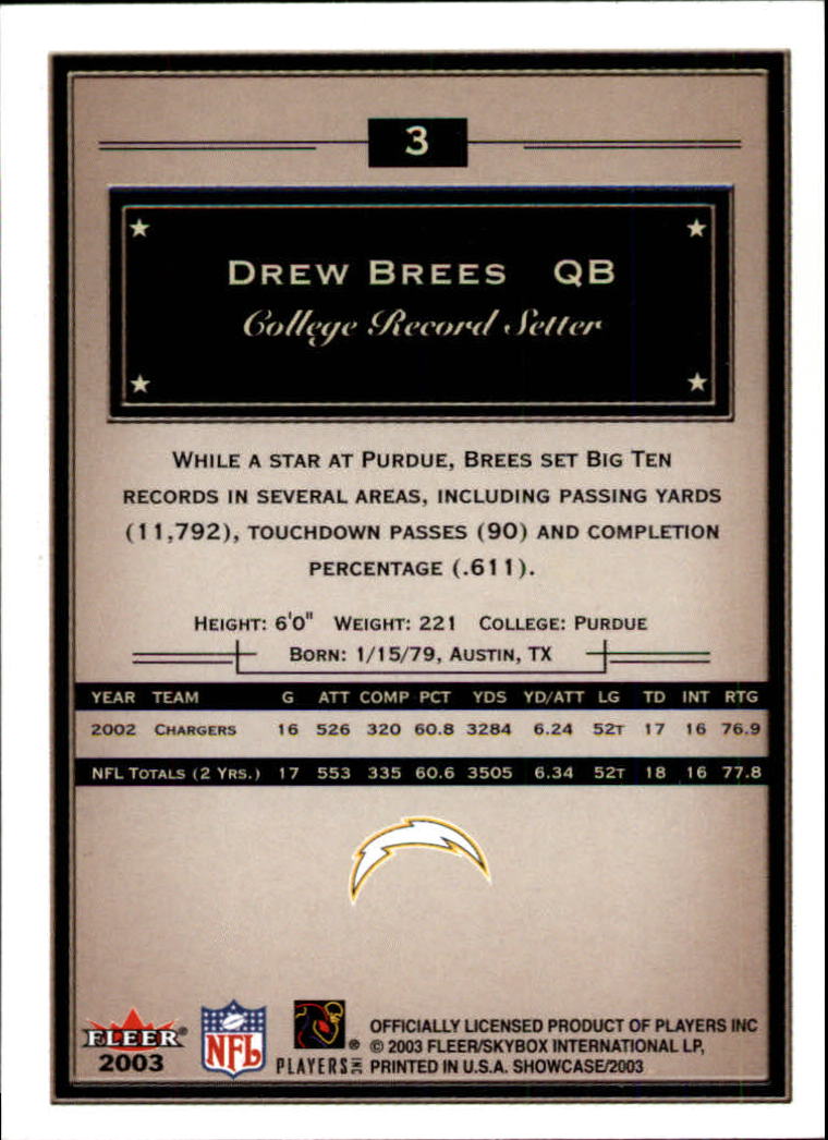 2003 Fleer Showcase #3 Drew Brees back image