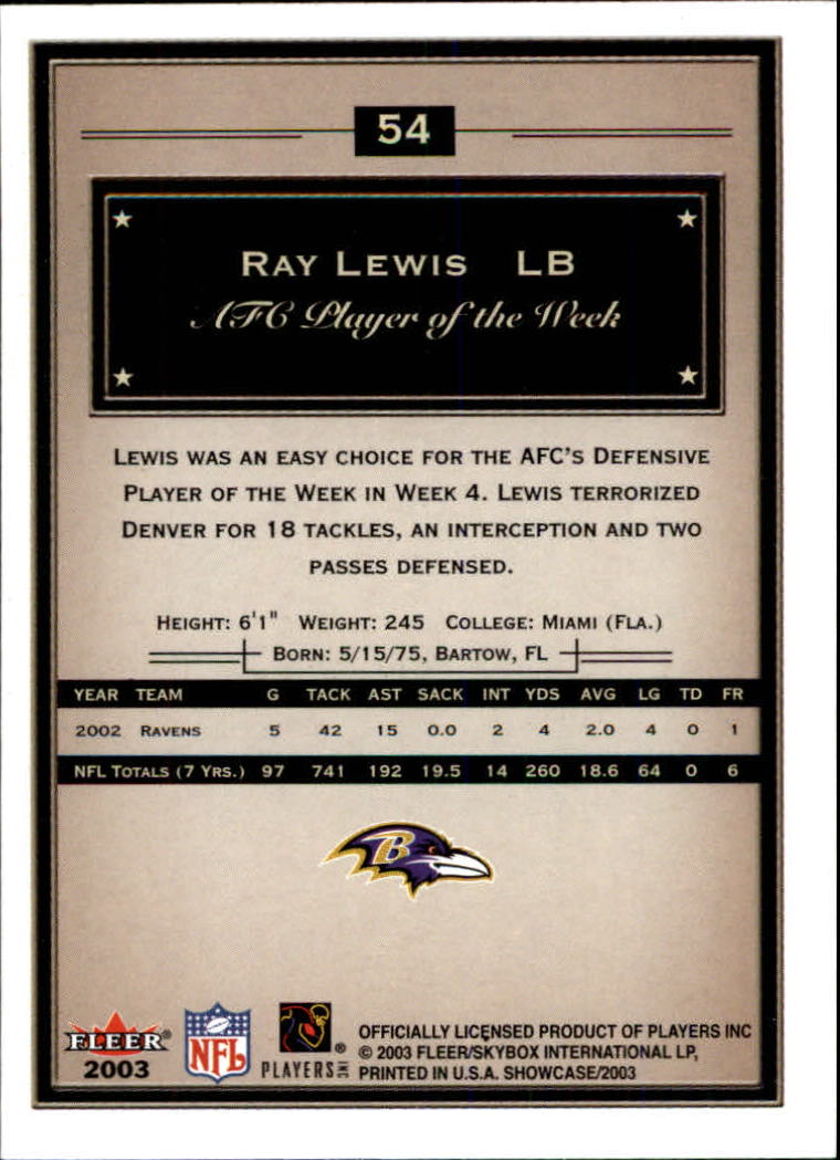 2003 Fleer Showcase #54 Ray Lewis back image