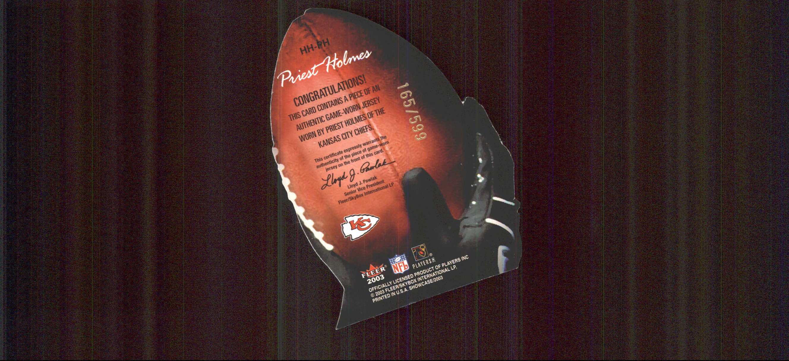 2003 Fleer Showcase Hot Hands Jerseys #HHPH Priest Holmes back image