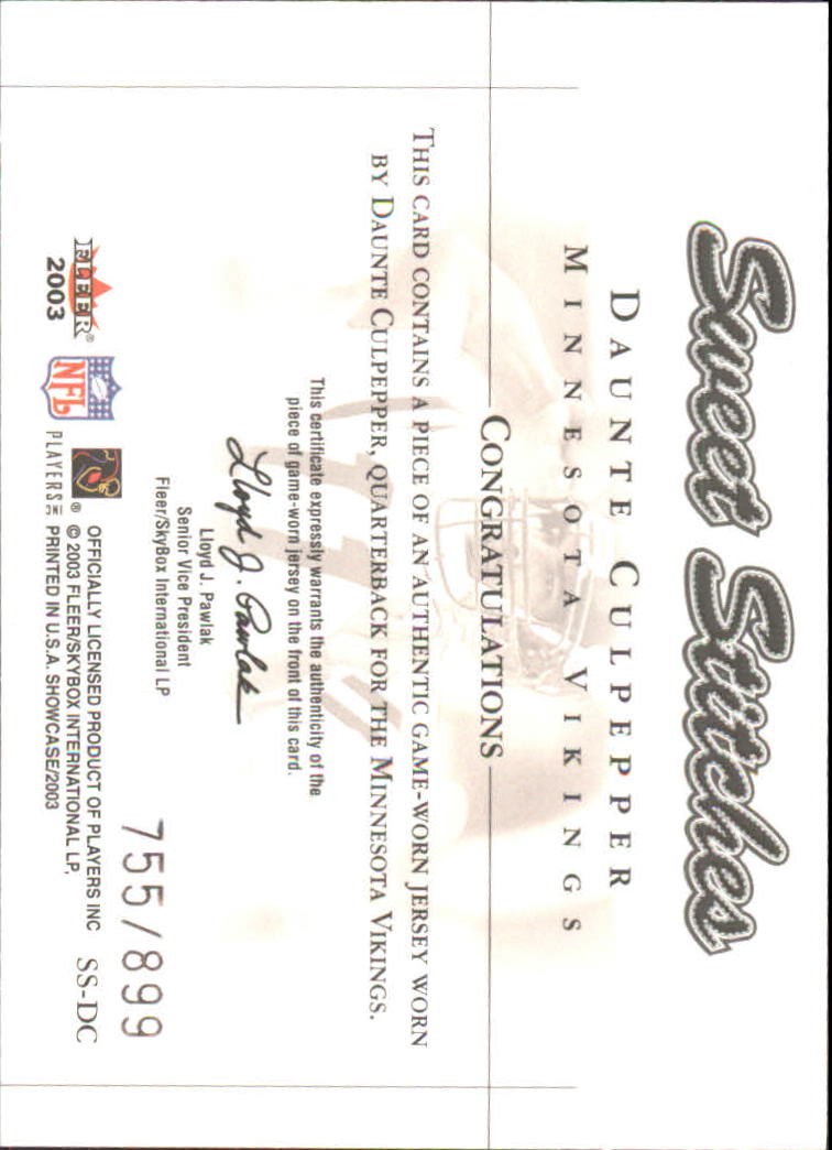 2003 Fleer Showcase Sweet Stitches Jerseys #4 Daunte Culpepper back image