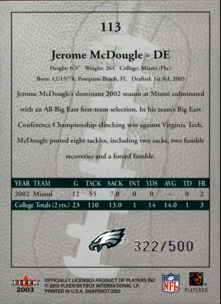 2003 Fleer Snapshot #113 Jerome McDougle RC back image