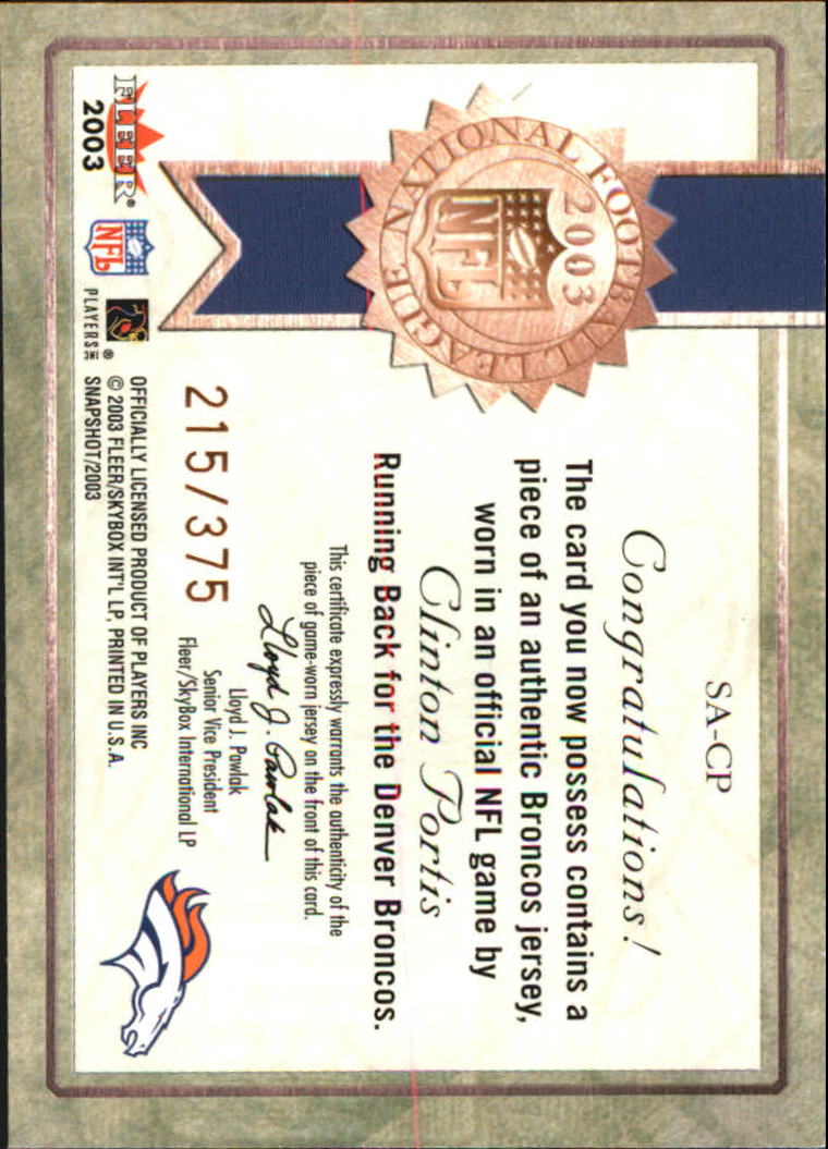 2003 Fleer Snapshot Seal of Approval Jerseys Bronze #SACP Clinton Portis back image