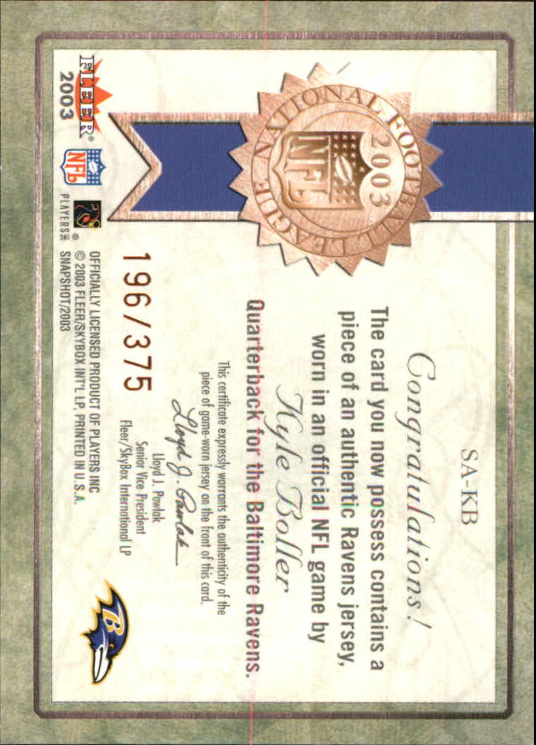 2003 Fleer Snapshot Seal of Approval Jerseys Bronze #SAKB Kyle Boller back image