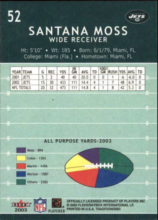 2003 Fleer Tradition #52 Santana Moss back image