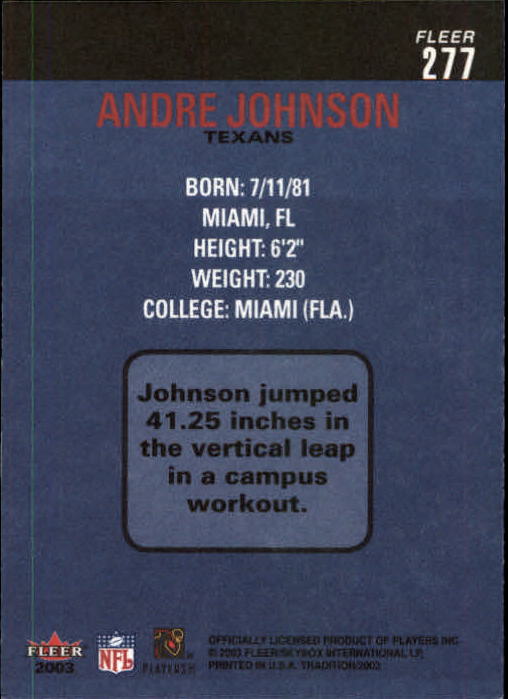 2003 Fleer Tradition #277 Andre Johnson RC back image