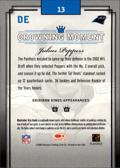 2003 Gridiron Kings #13 Julius Peppers back image