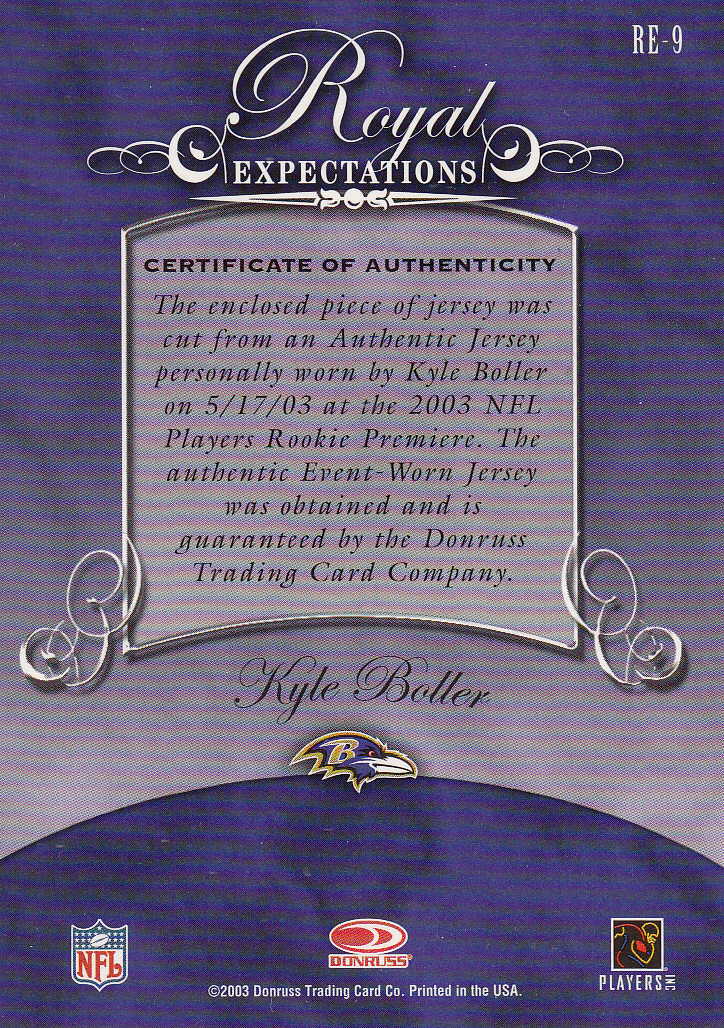 2003 Gridiron Kings Royal Expectations Materials Gold #RE9 Kyle Boller back image