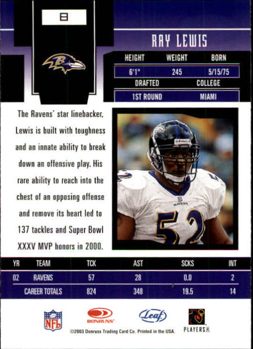 2003 Leaf Certified Materials #8 Ray Lewis back image