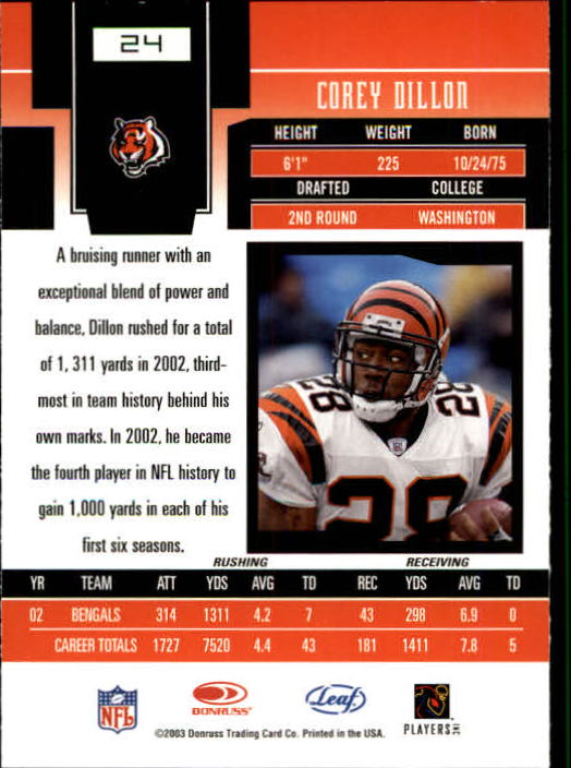 2003 Leaf Certified Materials #24 Corey Dillon back image